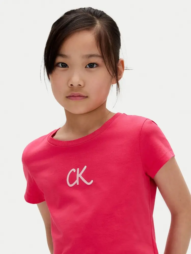 tshirt fucsia bambina in cotone logo con glitter in rilievo miniatura 3