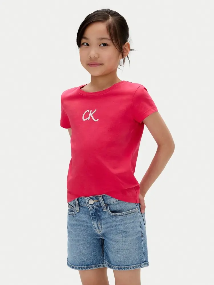 tshirt fucsia bambina in cotone logo con glitter in rilievo