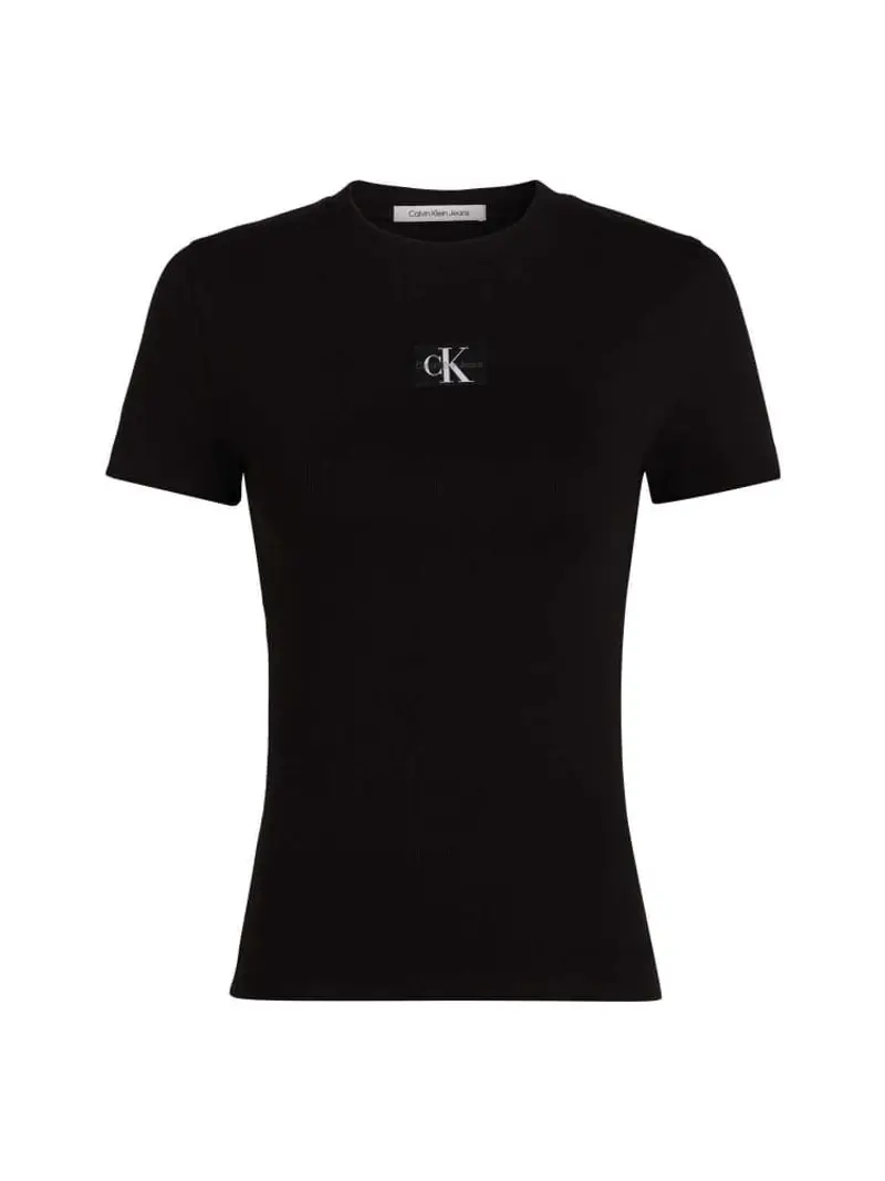 Calvin Klein tshirt nera donna in cotone cropped a costine logo sul davanti