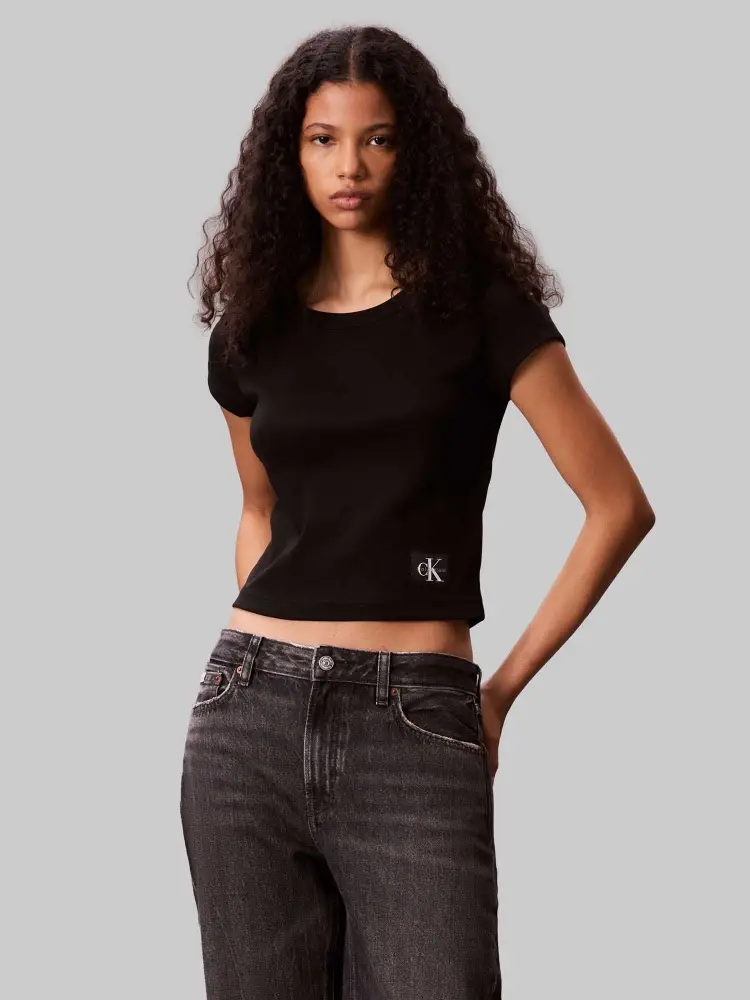 tshirt nera donna in cotone mini logo sul fondo