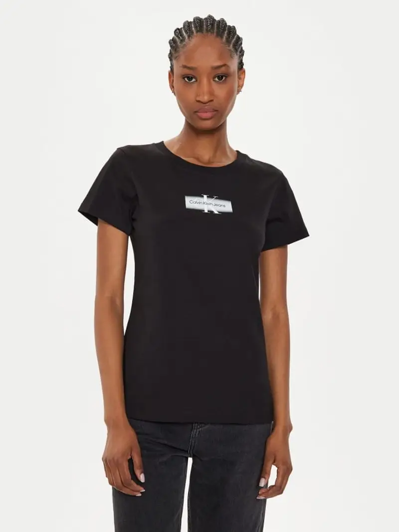 Calvin Klein tshirt nera donna in cotone slim fit logo sul davanti a contrasto