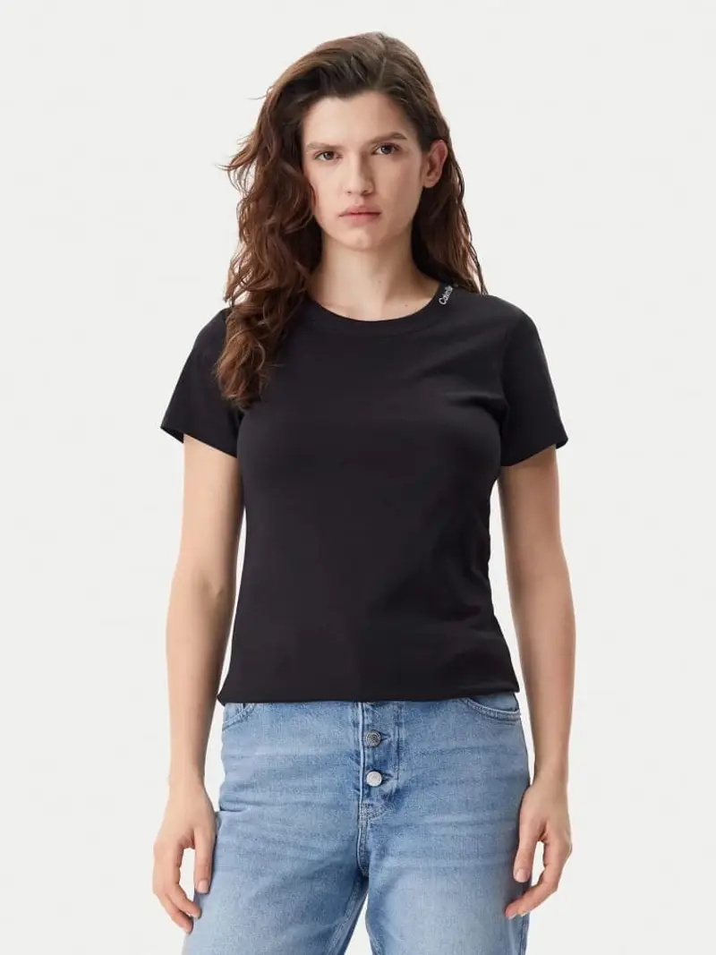 Calvin Klein tshirt nera donna in cotone slim logo lettering sul collo