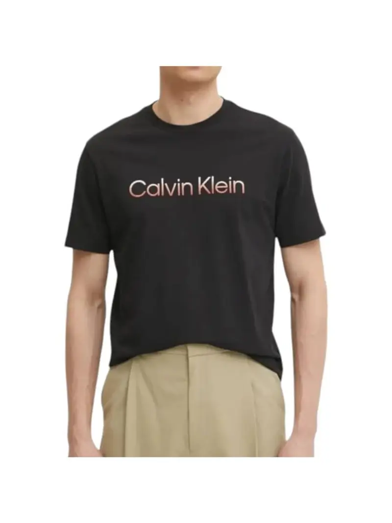 Calvin Klein tshirt nera uomo in cotone logo lettering multicolor sul davanti