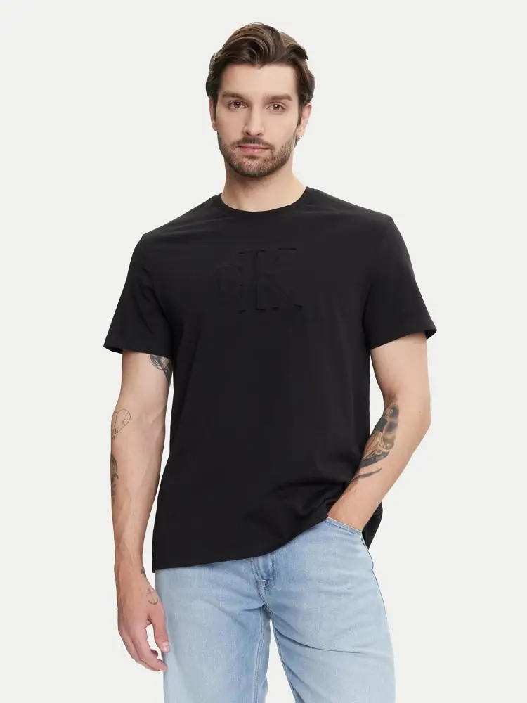 tshirt nera uomo in cotone logo tono su tono sul davanti