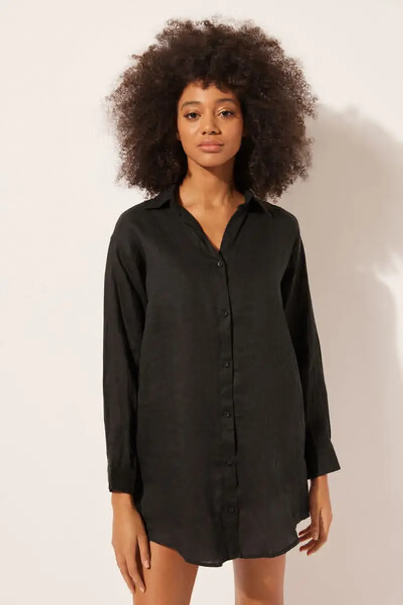 Calzedonia Abito Camicia in Lino Donna Nero Taglia L
