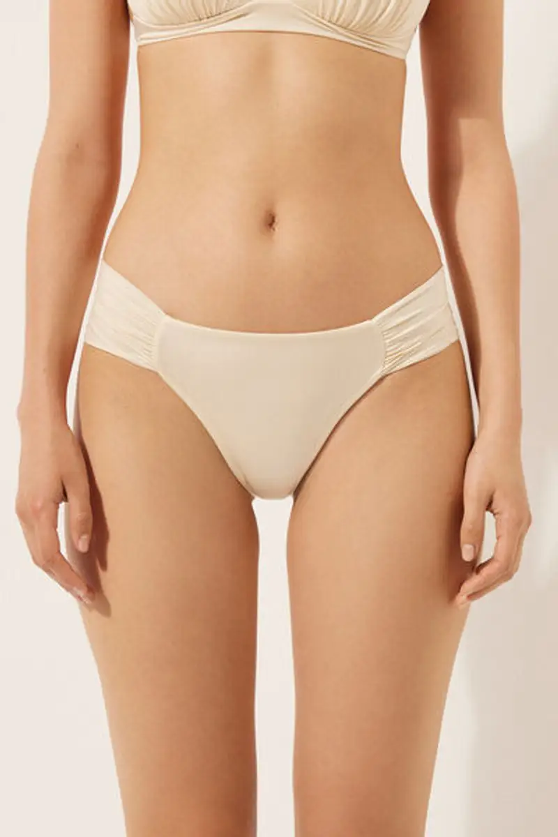 Calzedonia Brasiliana con Drappeggio Costume Shiny Satin Donna Avorio Taglia L