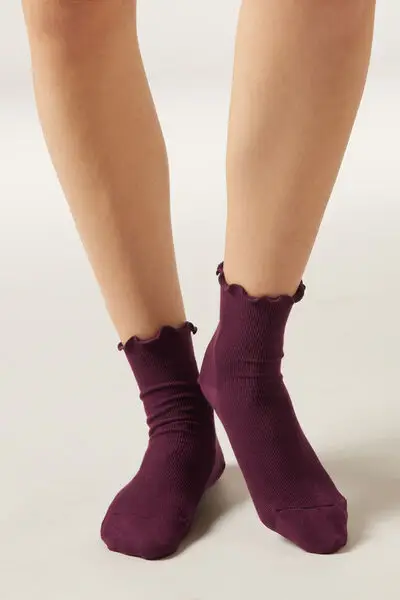 Calzini a Costine in Cotone Donna Bordeaux