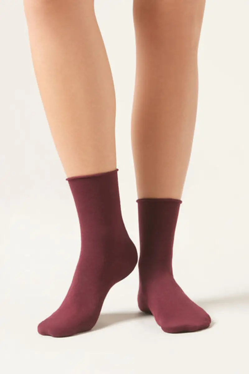 Calzedonia Calzini Corti in Cotone Senza Elastico Donna Bordeaux Taglia 36-38