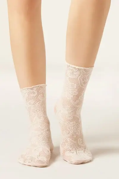 Calzini Pizzo Fiori Donna Bianco
