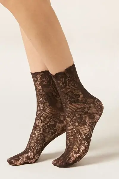 Calzini Pizzo Fiori Donna Marrone