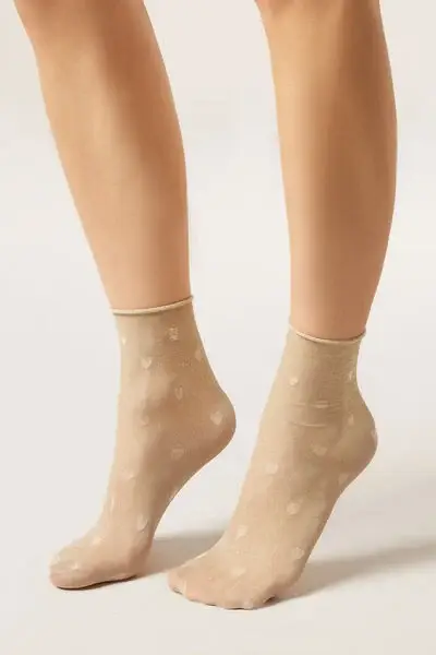 Calzini Velati Glitter e Cuori Donna Naturale