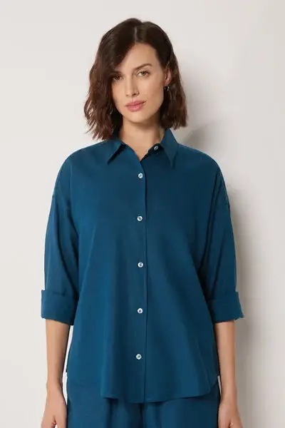 Camicia Corta Lino e Viscosa Donna Blu