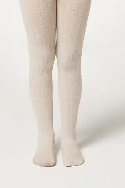 Collant Cashmere con Trecce Bambina Bambina Naturale