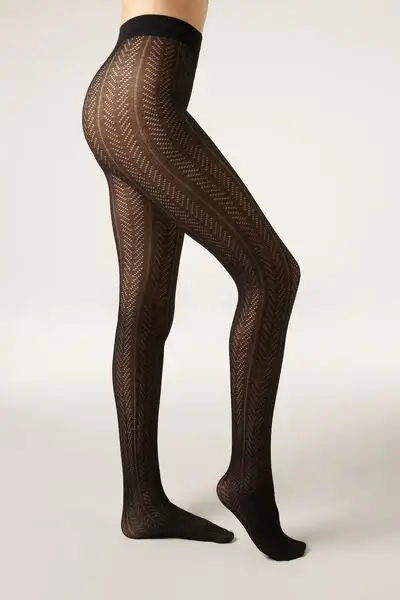 Collant Chevron con Cashmere Donna Nero