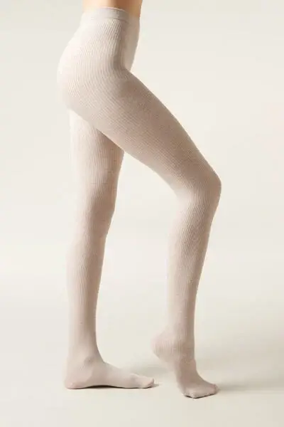 Collant con Cashmere a Coste Donna Naturale