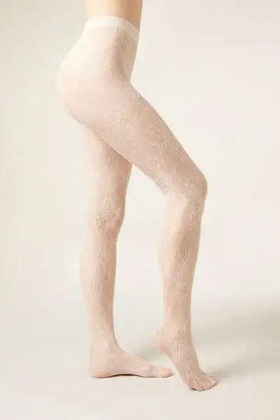 Collant in Pizzo a Fiori Donna Bianco