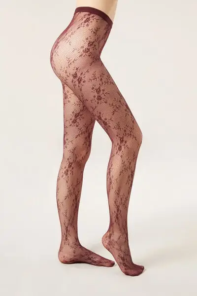 Collant Pizzo Floreale Donna Rosso