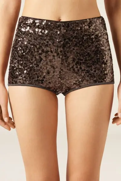 Hot Pants Paillettes Donna Marrone