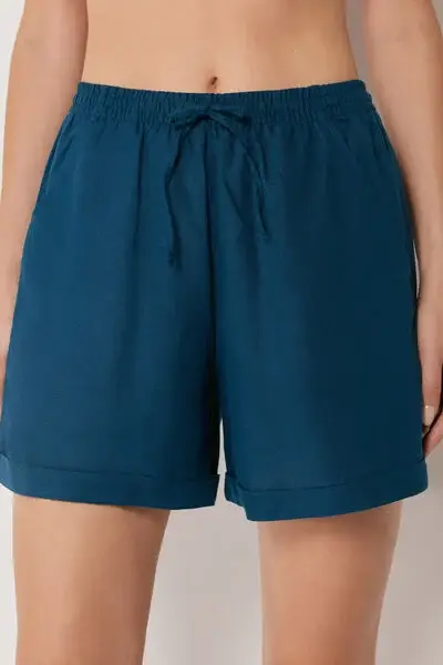 Pantaloncini Corti in Lino e Viscosa Donna Blu
