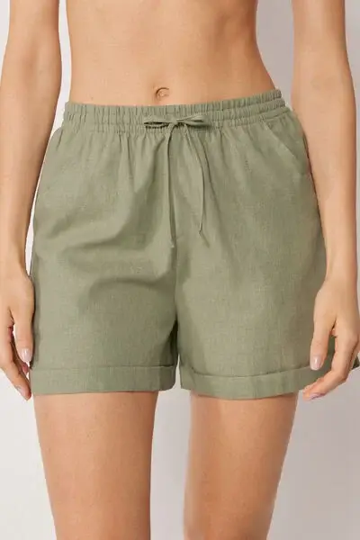 Pantaloncini Corti in Lino e Viscosa Donna Verde