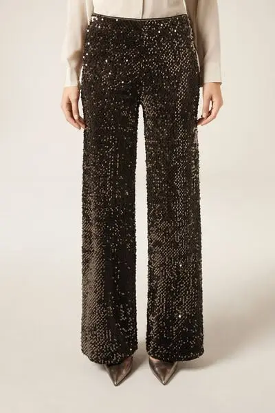 Pantaloni a Palazzo Velluto e Paillettes Donna Marrone