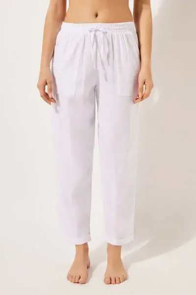 Pantaloni Lunghi Lino e Viscosa Donna Bianco