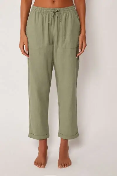 Pantaloni Lunghi Lino e Viscosa Donna Verde