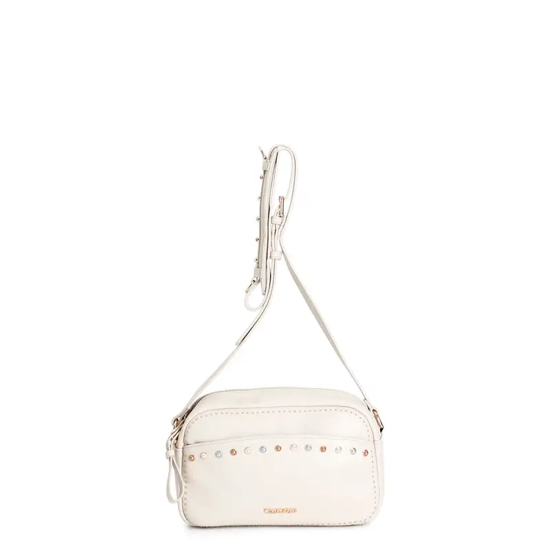 camera bag compatta con pietre cabochon, mini rivetti e spallaccio avorio