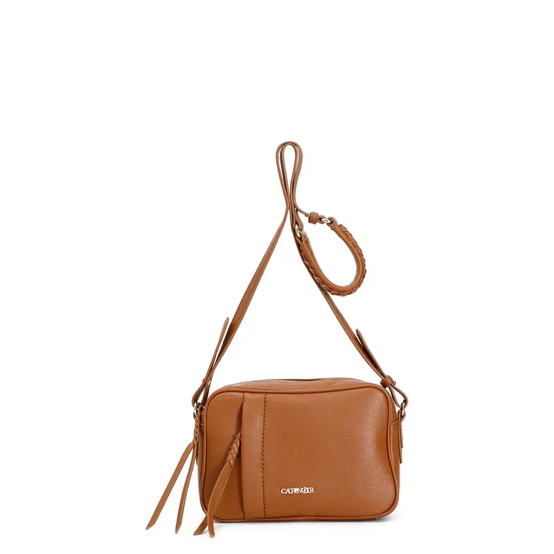 camera bag con tasca e zip, spallaccio con infilatura cuoio