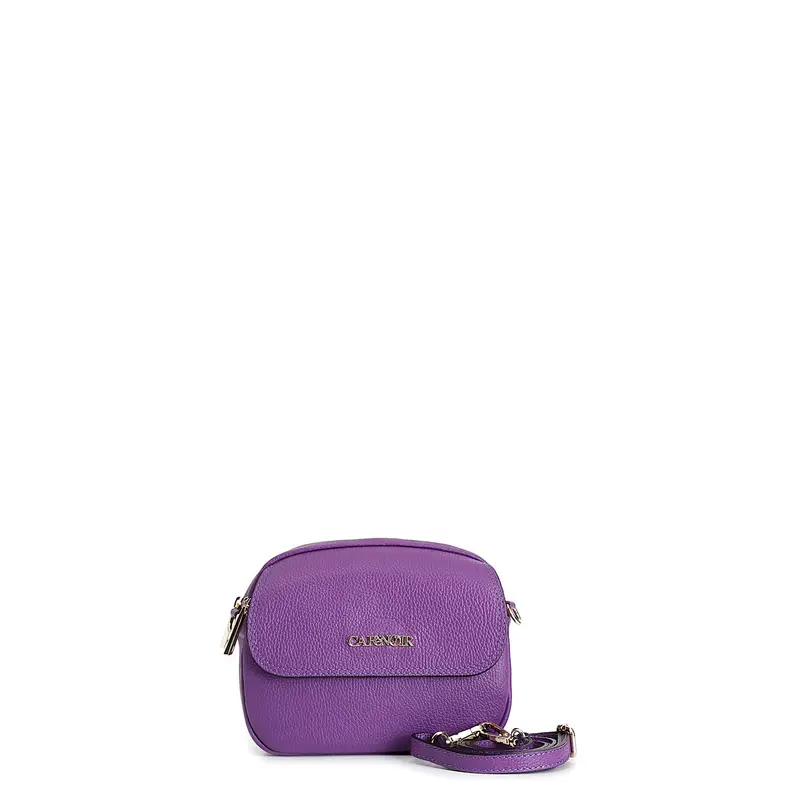 camera bag in pelle con pattina viola