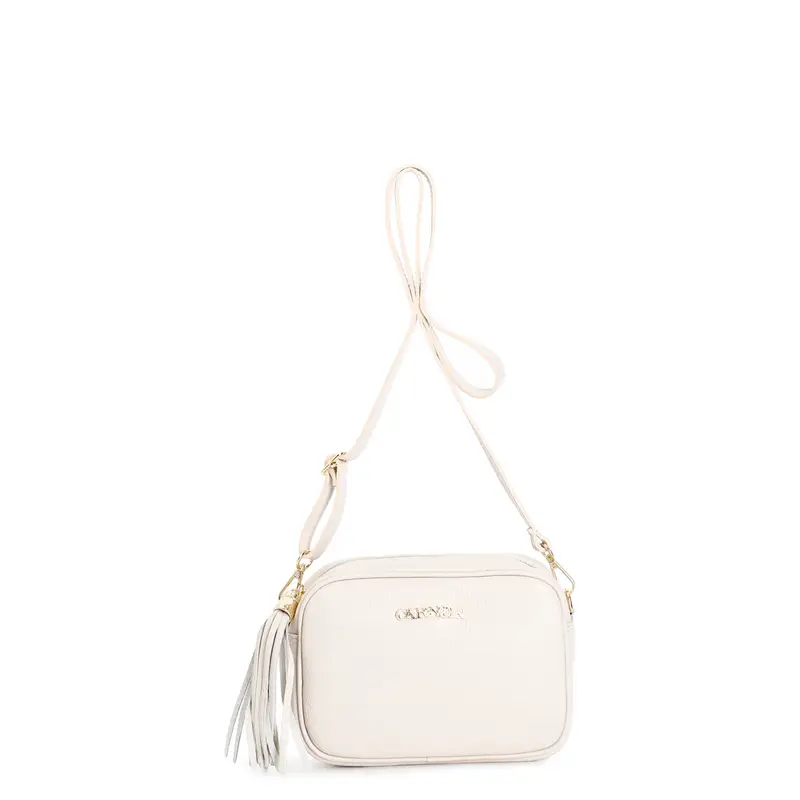 camera bag in pelle martellata con tracolla con moschettoni e nappina beige