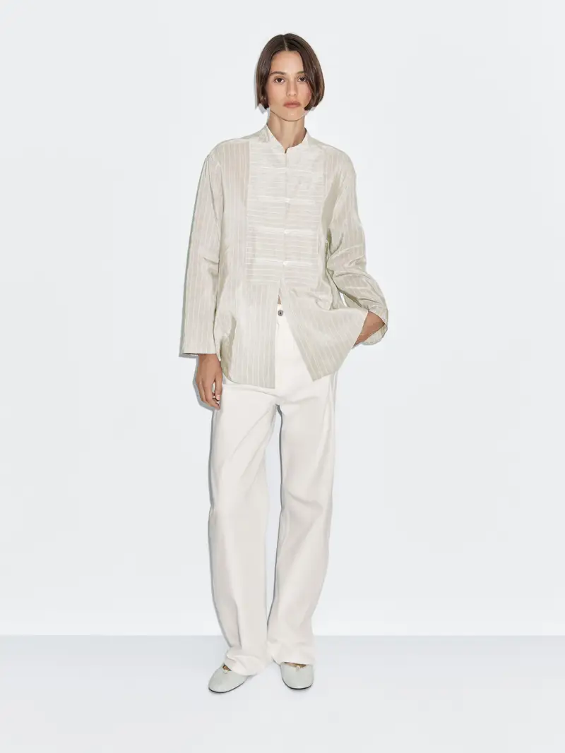 Camicetta A Righe Collo Alla Coreana - Ecru - S - Massimo Dutti - Femminile