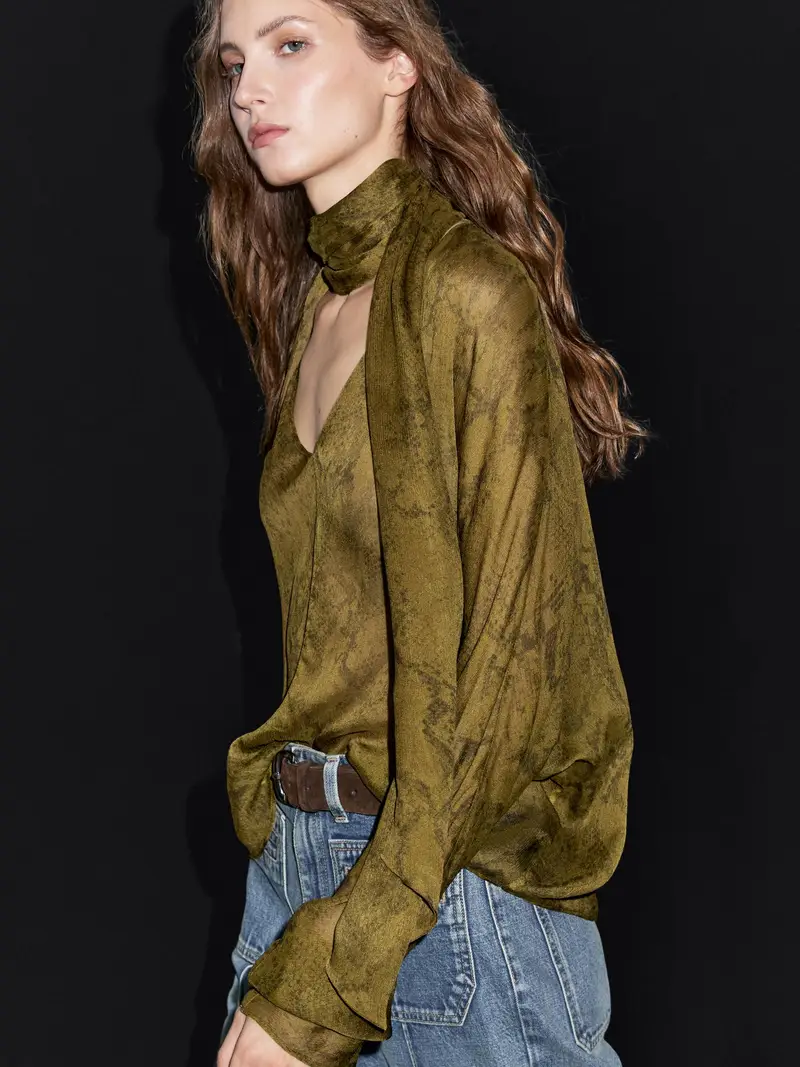 Camicetta Morbida Stampa Animalier - Verde Muschio - M - Massimo Dutti - Femminile