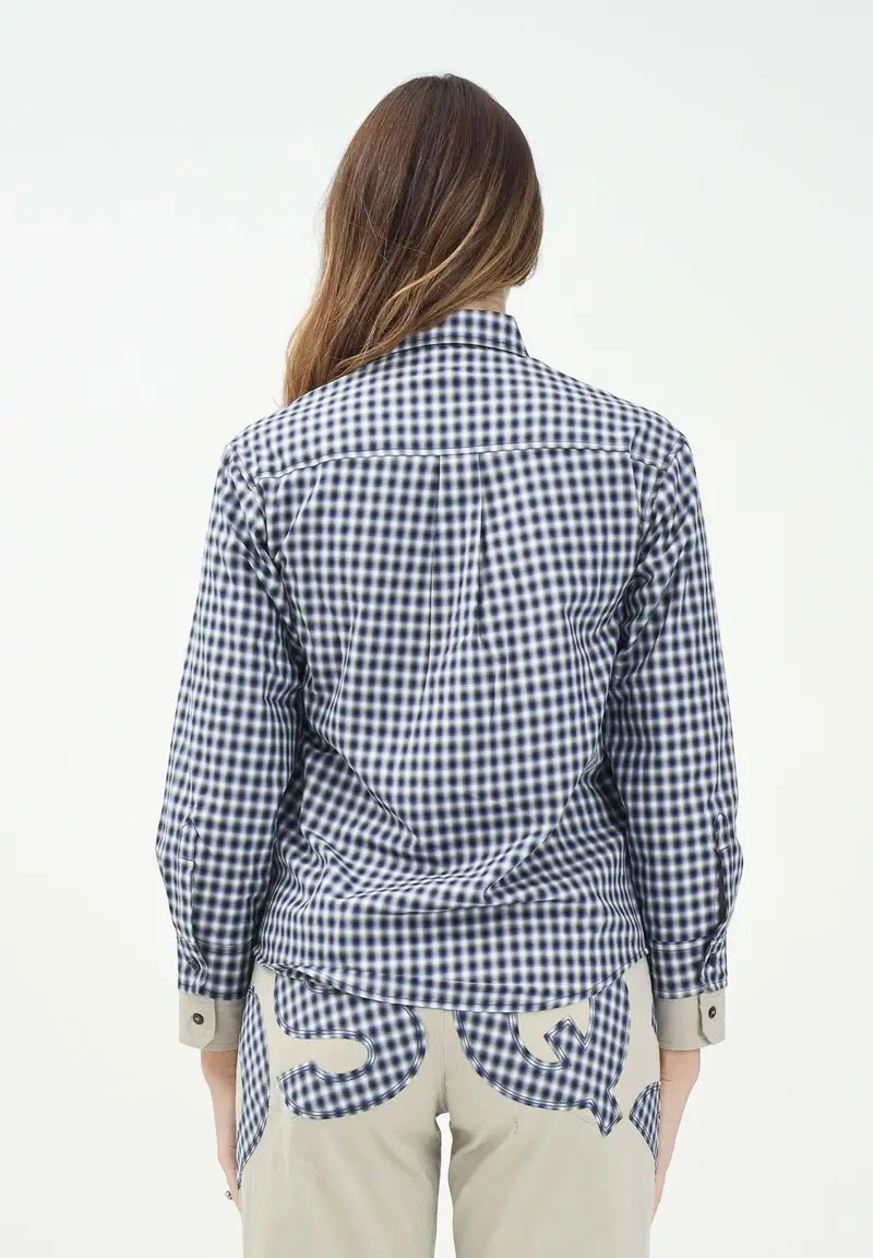 Camicia a manica lunga a quadretti blu e bianchi per donna, ragazzi e bambini con ricamo logo miniatura 2