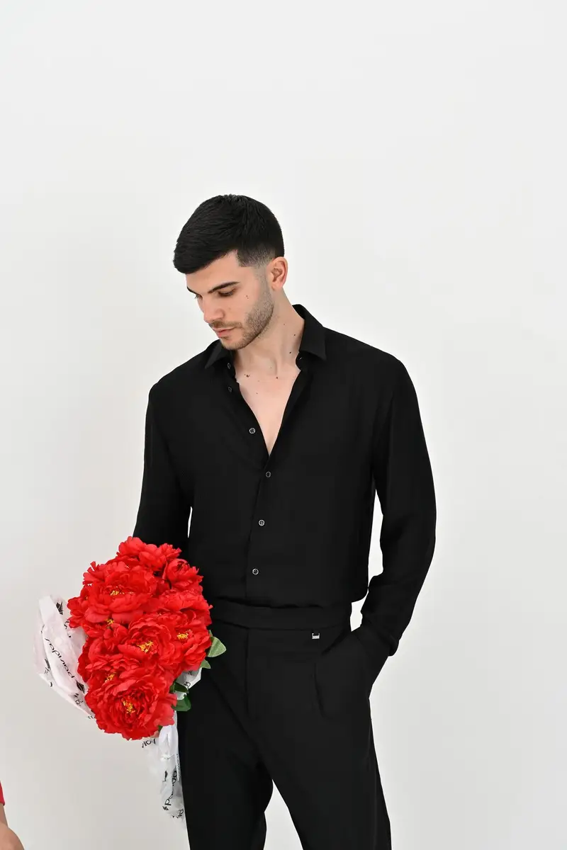 Camicia a manica lunga nera da uomo in twill di viscosa miniatura 3