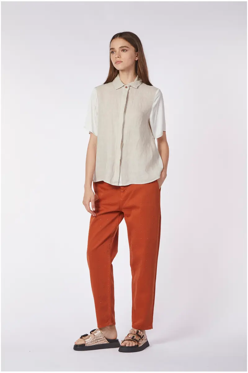 camicia a maniche corte in lino e viscosa avorio