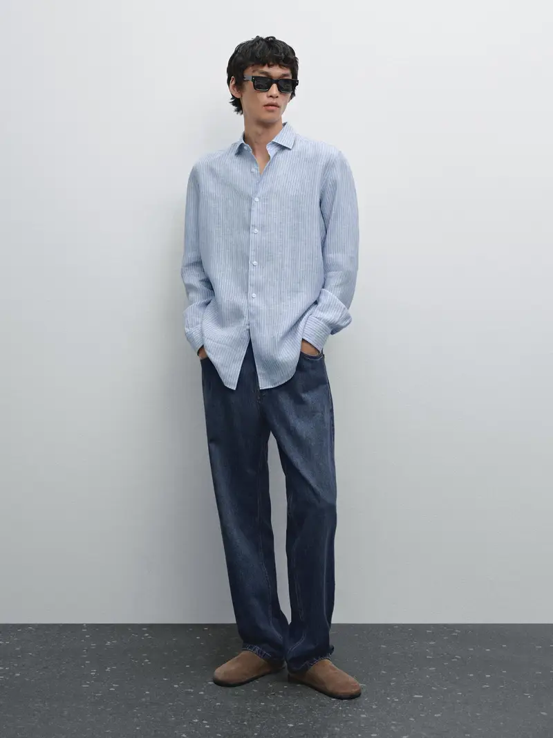 Camicia A Righe Regular Fit 100% Lino - Blu Celeste - S - Massimo Dutti - Maschile