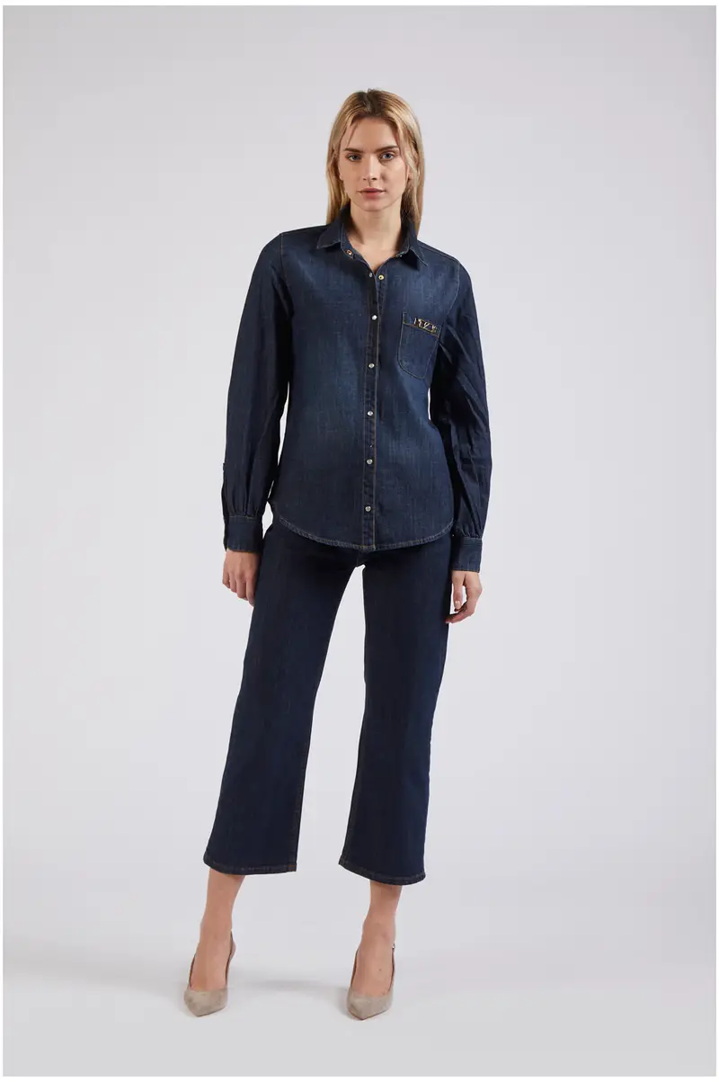 camicia con maniche arricciate blu medio scuro s