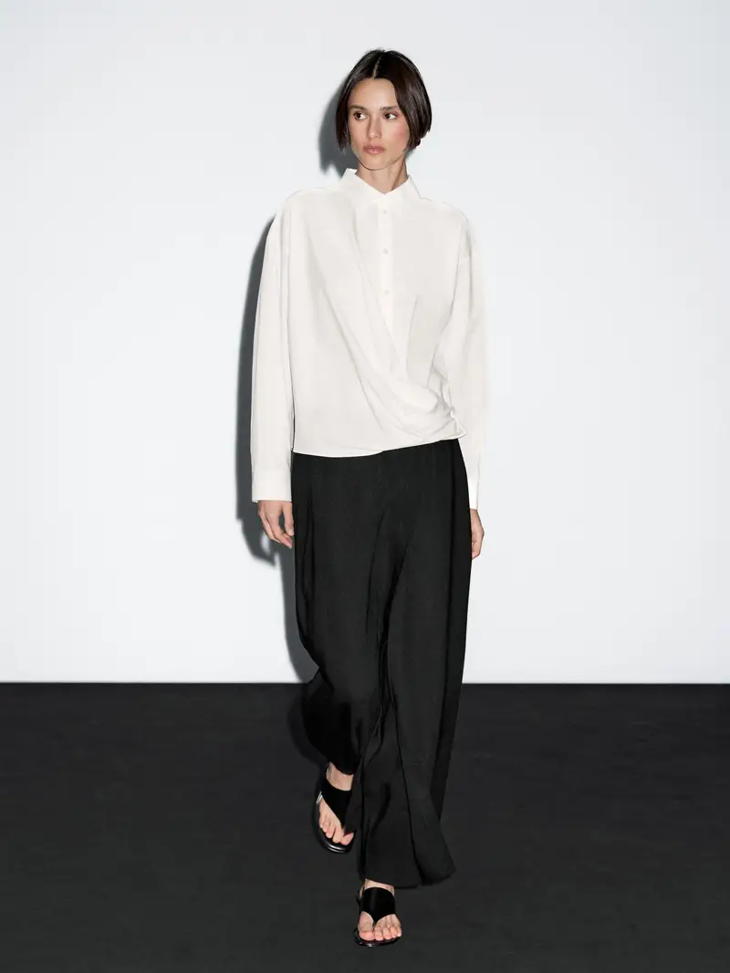 Camicia Con Orlo Asimmetrico Drappeggiato 100% Cotone - Ecru - Xs - Massimo Dutti - Femminile