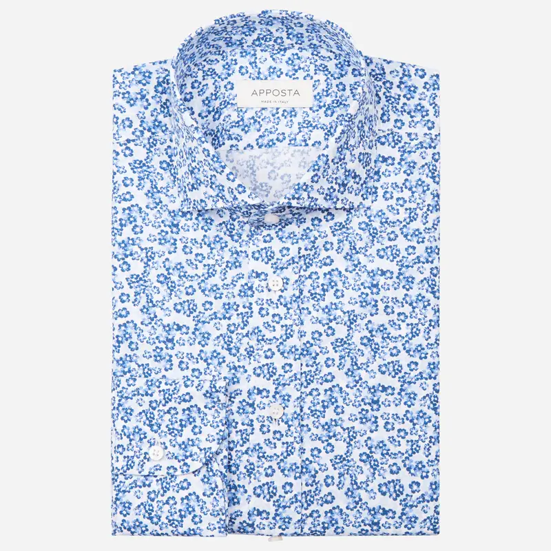 Camicia disegni a fiori azzurro cotone popeline, collo stile collo francese aggiornato a punte corte