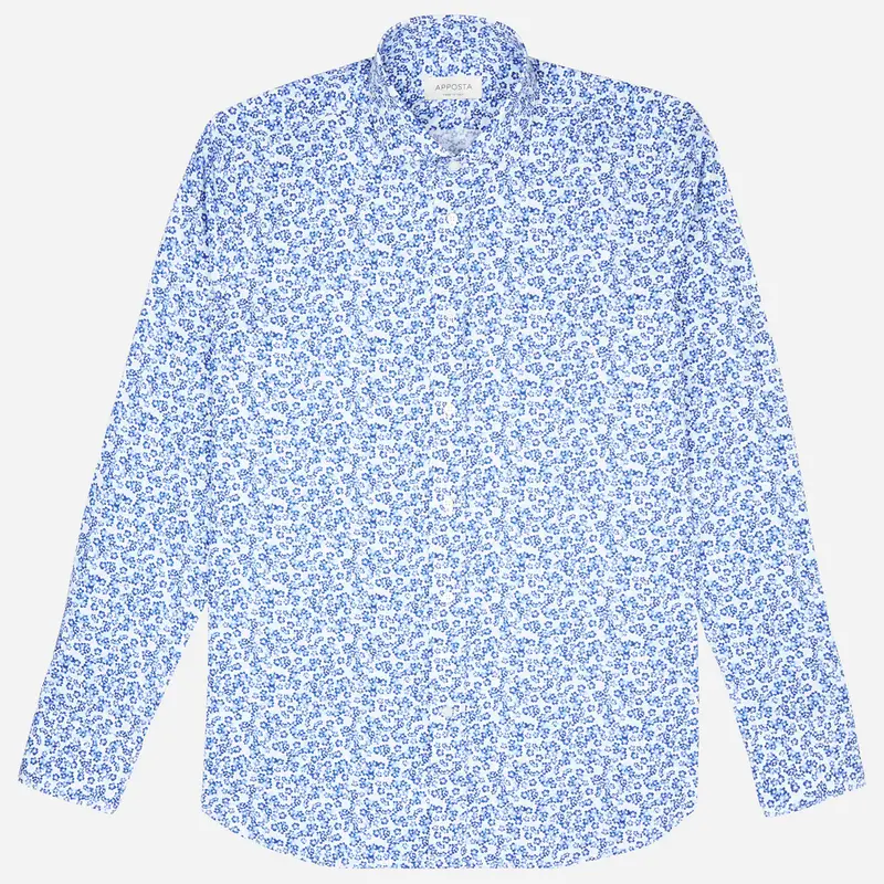 Camicia disegni a fiori azzurro cotone popeline, collo stile collo francese aggiornato a punte corte miniatura 2