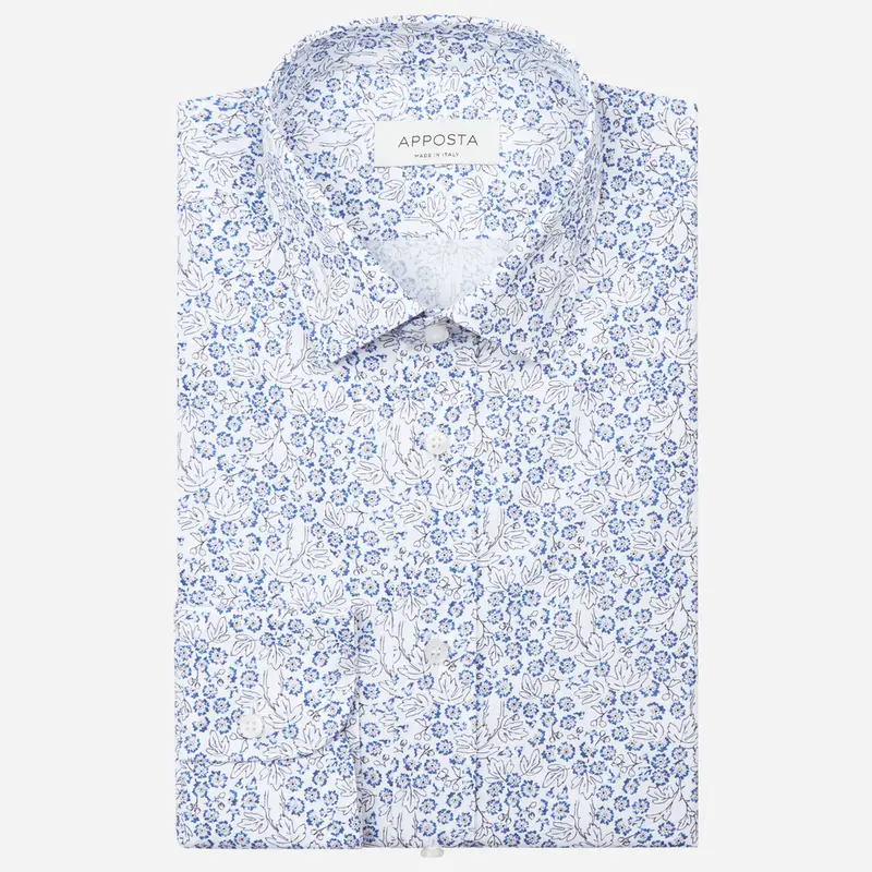 Camicia disegni a fiori azzurro cotone popeline, collo stile collo italiano aggiornato a punte corte