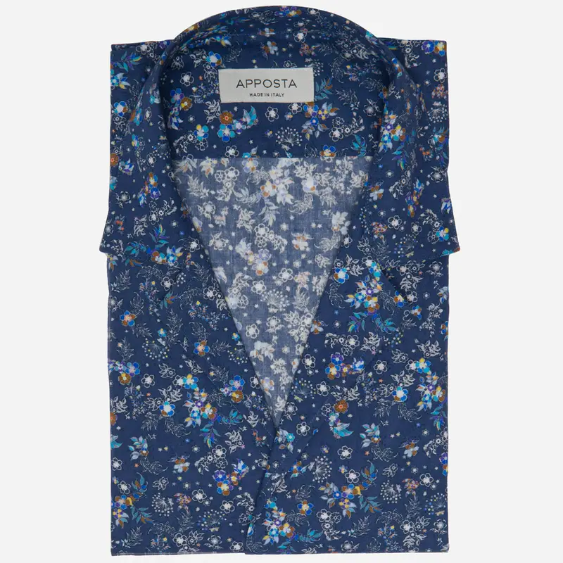 Camicia disegni a fiori blu cotone popeline, collo stile collo bowling