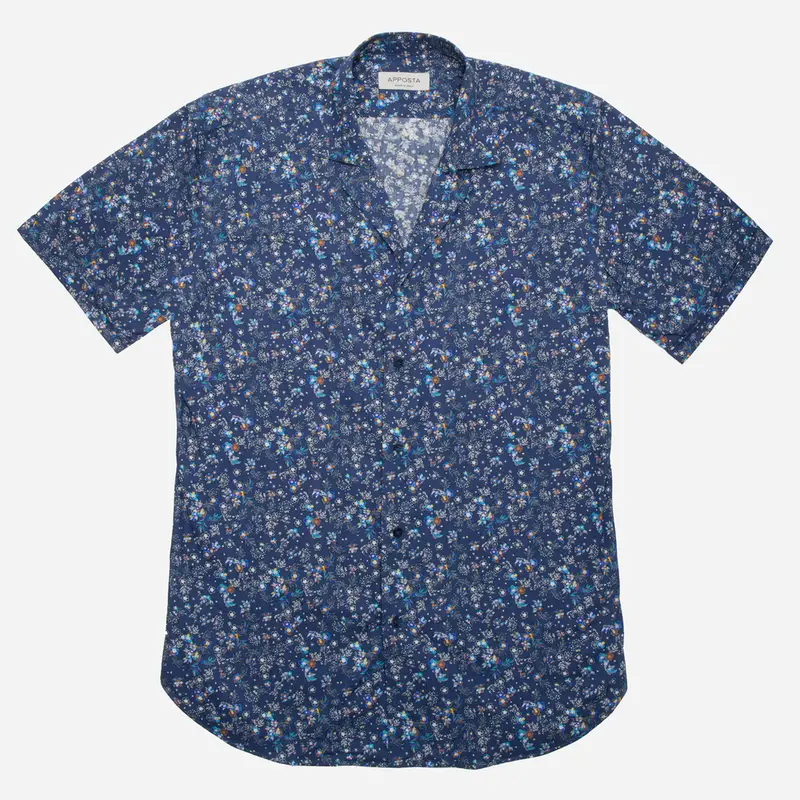Camicia disegni a fiori blu cotone popeline, collo stile collo bowling miniatura 3