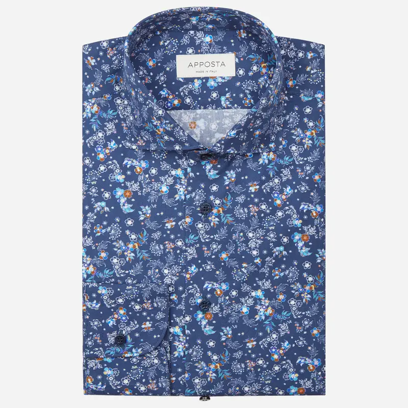 Camicia disegni a fiori blu cotone popeline, collo stile collo francese basso