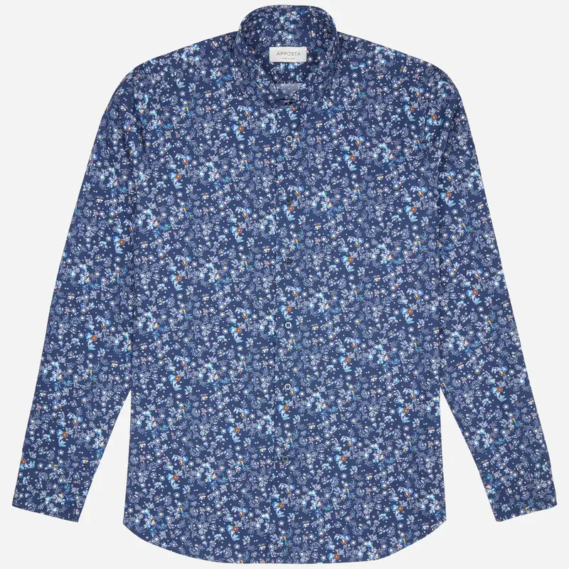 Camicia disegni a fiori blu cotone popeline, collo stile collo francese basso miniatura 2