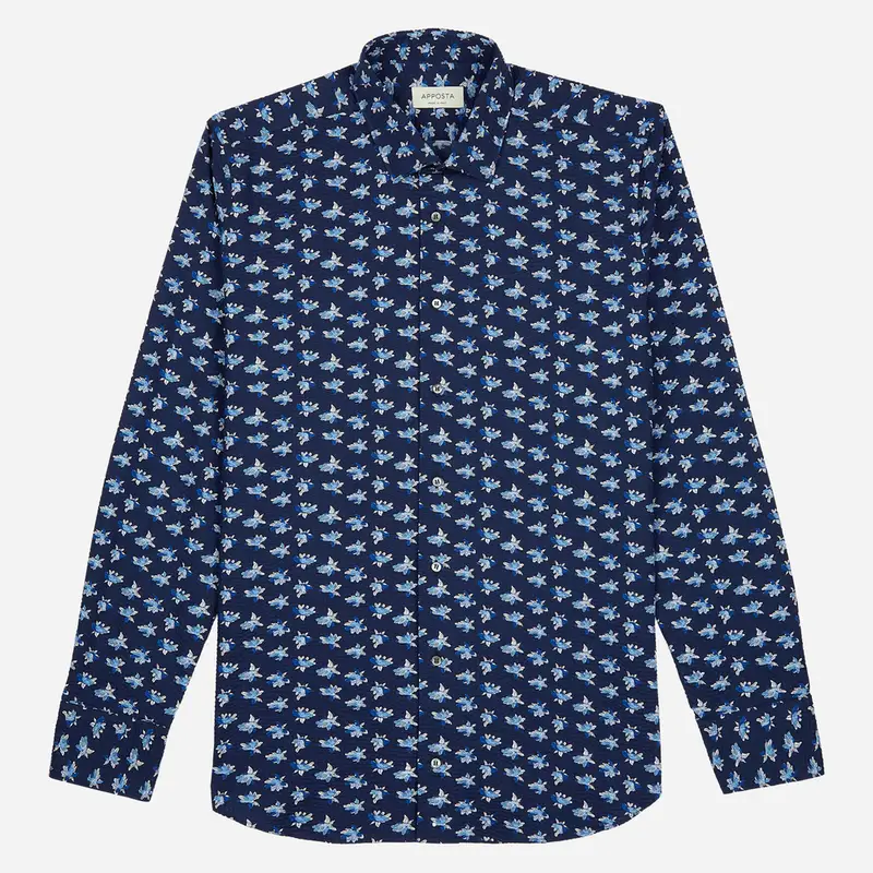 Camicia disegni a fiori blu cotone seersucker, collo stile collo italiano aggiornato a punte corte miniatura 2