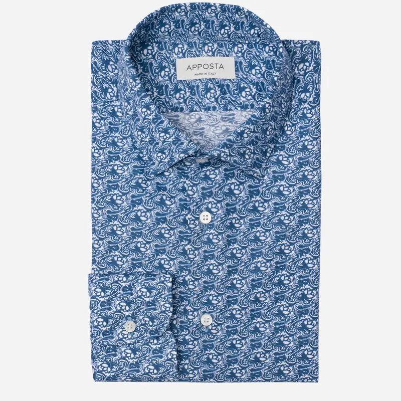 Camicia disegni a fiori blu cotone tessuto con armatura a tela, collo stile collo cutaway