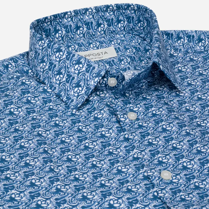 Camicia disegni a fiori blu cotone tessuto con armatura a tela, collo stile collo cutaway miniatura 3