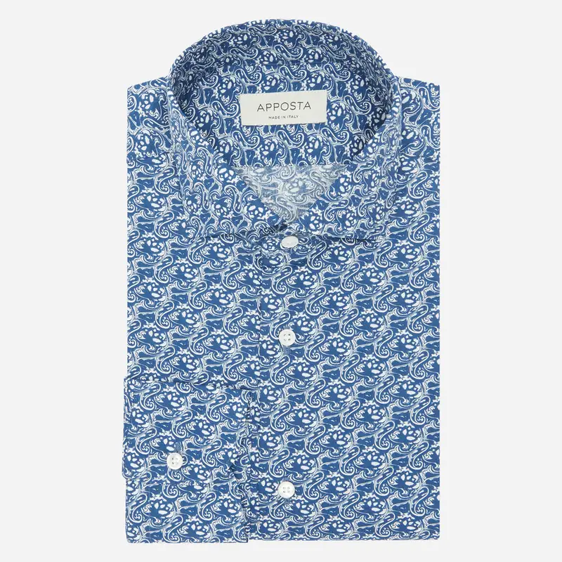 Camicia disegni a fiori blu cotone tessuto con armatura a tela, collo stile collo francese aggiornato a punte corte